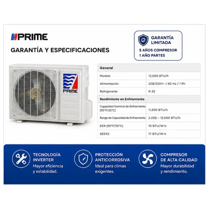 Mini Split PRIME 12000 BTU HEAT/COLD 17 SEER2 R-32 220V - Image 5