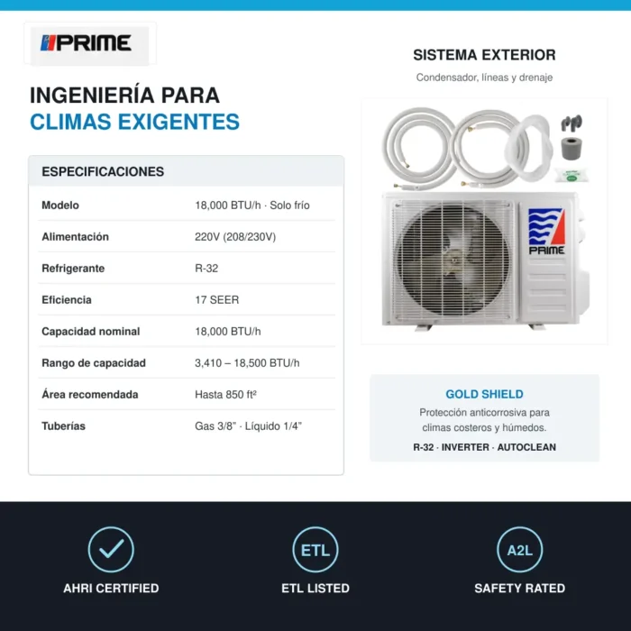 Mini Split PRIME 18000 BTU COLD ONLY 17 SEER R-32 220V - Image 5