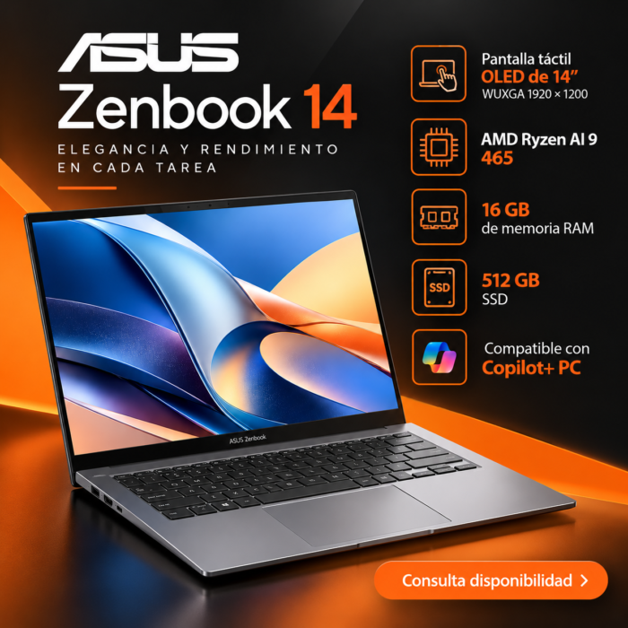 Imagen promocional de ASUS Zenbook 14 OLED con AMD Ryzen AI 9, pantalla táctil, 16 GB RAM, SSD de 512 GB y mensaje Consulta disponibilidad.