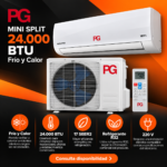 Imagen promocional del aire acondicionado PG Mini Split 24.000 BTU, con unidades interior y exterior blancas, sobre fondo negro y naranja de MK Trading Express.