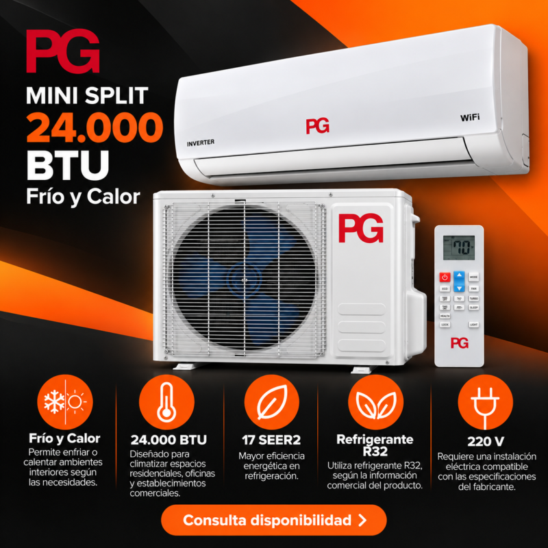 Imagen promocional del aire acondicionado PG Mini Split 24.000 BTU, con unidades interior y exterior blancas, sobre fondo negro y naranja de MK Trading Express.