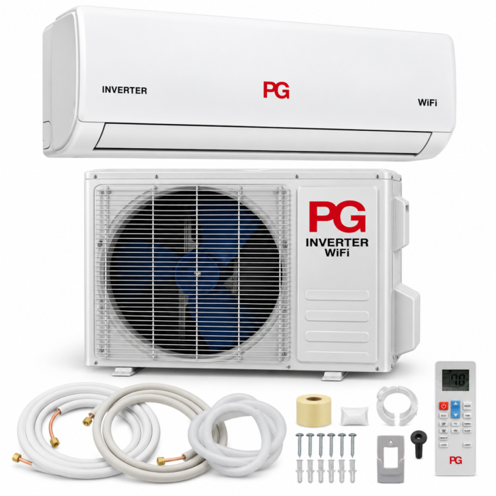 Aire acondicionado PG con accesorios Aire acondicionado PG Mini Split Inverter 12000 BTU solo frío 110 V blanco con unidad interior y exterior