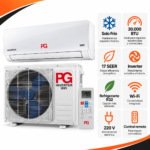 Infografía del aire acondicionado PG Mini Split 30.000 BTU Solo Frío, con unidad interior, condensadora y control remoto. Destaca tecnología Inverter, 17 SEER, refrigerante R32, Wi-Fi y 220 V.