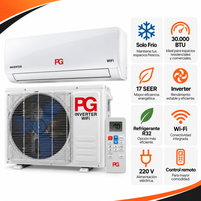 Infografía del aire acondicionado PG Mini Split 30.000 BTU Solo Frío, con unidad interior, condensadora y control remoto. Destaca tecnología Inverter, 17 SEER, refrigerante R32, Wi-Fi y 220 V.