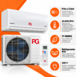 Infografía del aire acondicionado PG Mini Split 24.000 BTU blanco, con unidad interior, condensadora y control remoto. Destaca frío y calor, 17 SEER2, refrigerante R32 y 220 V.