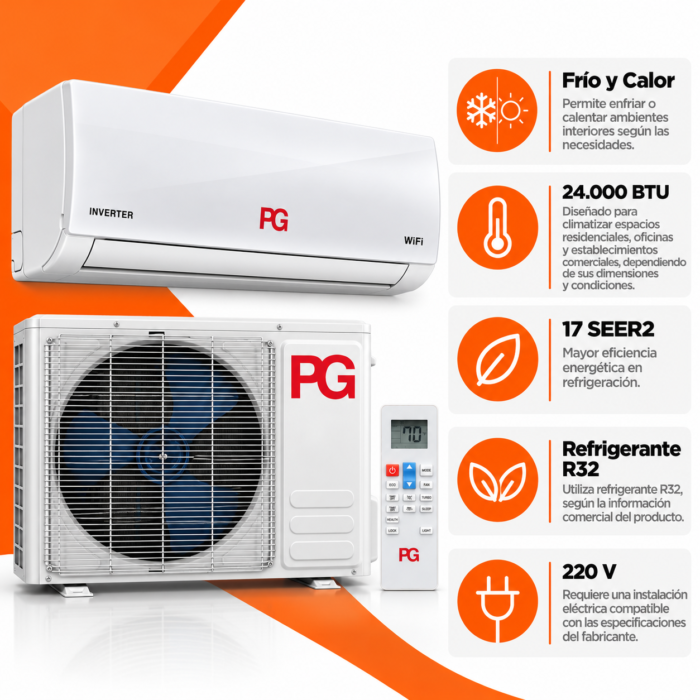 Infografía del aire acondicionado PG Mini Split 24.000 BTU blanco, con unidad interior, condensadora y control remoto. Destaca frío y calor, 17 SEER2, refrigerante R32 y 220 V.