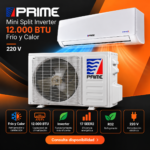 Imagen promocional del PRIME Mini Split Inverter 12.000 BTU frío y calor 220 V, con características 17 SEER2, refrigerante R32 y tecnología Inverter.