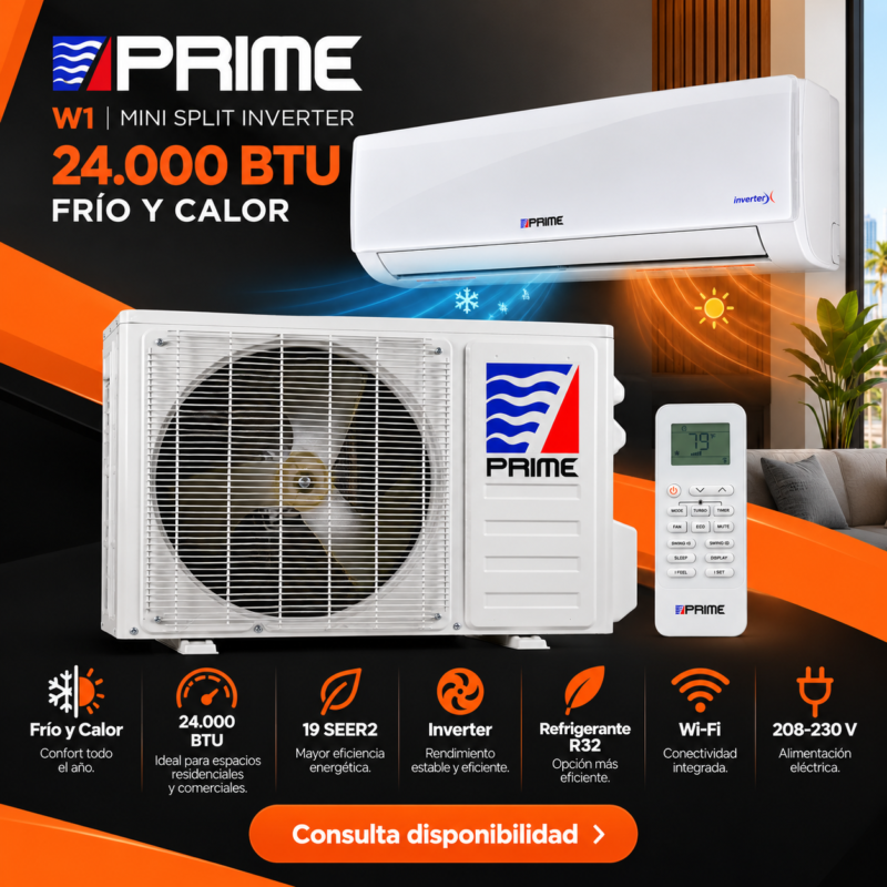 Imagen promocional del aire acondicionado PRIME W1 Mini Split 24.000 BTU frío y calor, con unidad interior, condensadora y control remoto sobre fondo negro y naranja. Destaca 19 SEER2, Inverter, R32, Wi-Fi y 208–230 V.