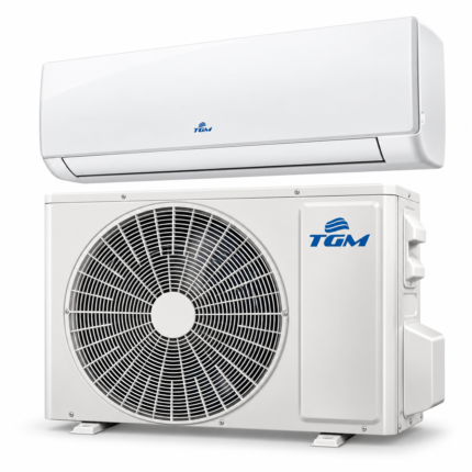 Aire acondicionado TGM Mini Split 12.000 BTU frío y calor 220 V, con unidad interior y exterior blancas sobre fondo blanco.