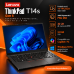 Imagen promocional de Lenovo ThinkPad T14s Gen 6 con AMD Ryzen AI 7 PRO 350, pantalla táctil de 14 pulgadas, 32 GB RAM, SSD de 512 GB y Windows 11 Pro.