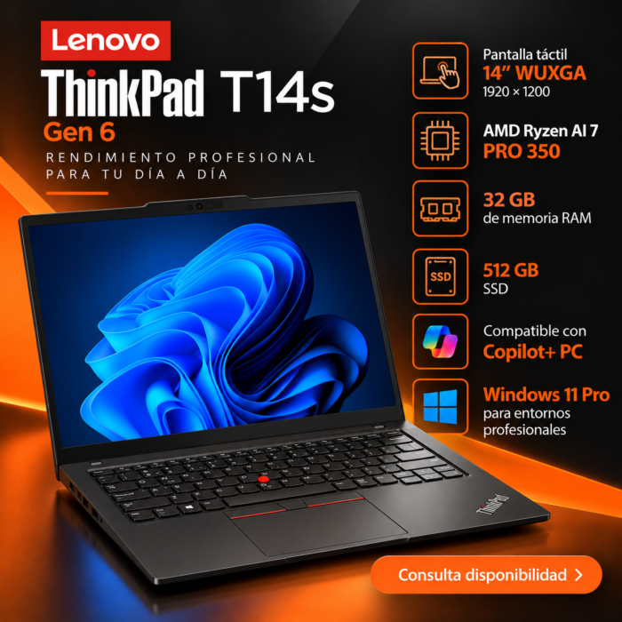 Imagen promocional de Lenovo ThinkPad T14s Gen 6 con AMD Ryzen AI 7 PRO 350, pantalla táctil de 14 pulgadas, 32 GB RAM, SSD de 512 GB y Windows 11 Pro.