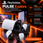 Imagen promocional de auriculares PlayStation PULSE Explore con estuche de carga, audio magnético planar, PlayStation Link y Bluetooth, sobre fondo negro y naranja.