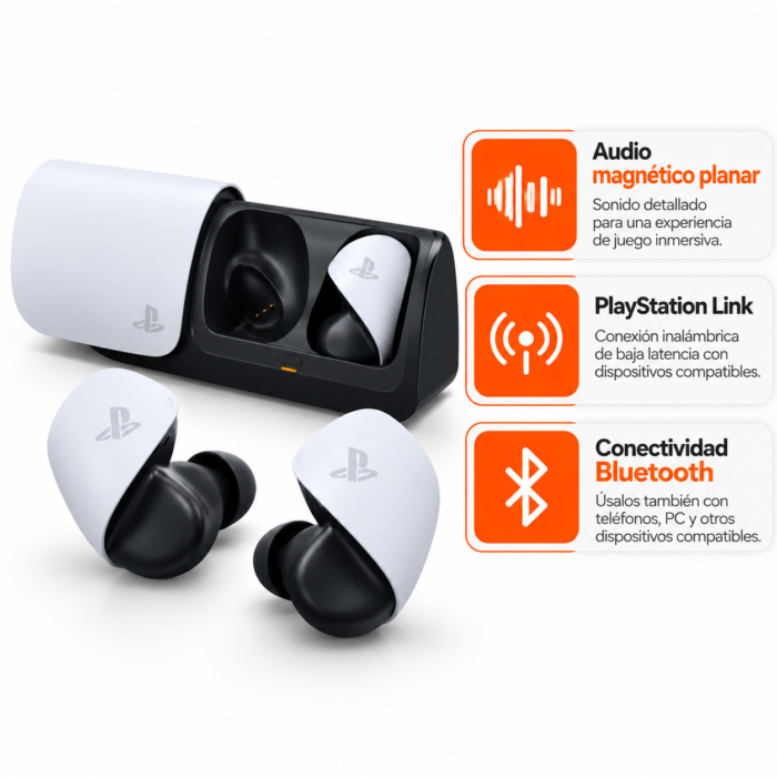 Imagen de características de los auriculares PlayStation PULSE Explore con audio magnético planar, conexión inalámbrica PlayStation Link y Bluetooth.