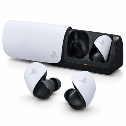 Auriculares inalámbricos PlayStation PULSE Explore blancos y negros junto a su estuche de carga, presentados sobre fondo blanco.