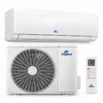 Aire acondicionado Mini Split TGM 18.000 BTU blanco, con unidad interior, condensadora exterior y control remoto sobre fondo blanco.