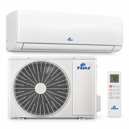 Aire acondicionado Mini Split TGM 18.000 BTU blanco, con unidad interior, condensadora exterior y control remoto sobre fondo blanco.