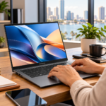 Laptop ASUS Zenbook 14 OLED Gris Jasper sobre un escritorio moderno, ideal para profesionales, estudiantes y trabajo desde casa.