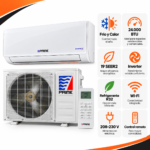 Infografía del aire acondicionado PRIME W1 Mini Split 24.000 BTU con unidad interior, condensadora y control remoto. Destaca frío y calor, 19 SEER2, tecnología Inverter, R32, Wi-Fi y 208–230 V.