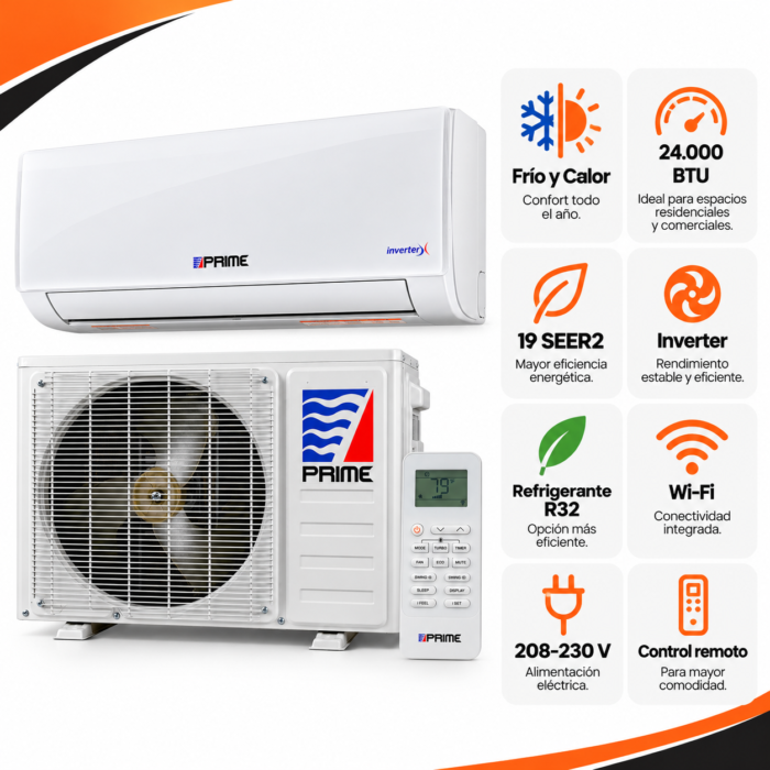 Infografía del aire acondicionado PRIME W1 Mini Split 24.000 BTU con unidad interior, condensadora y control remoto. Destaca frío y calor, 19 SEER2, tecnología Inverter, R32, Wi-Fi y 208–230 V.