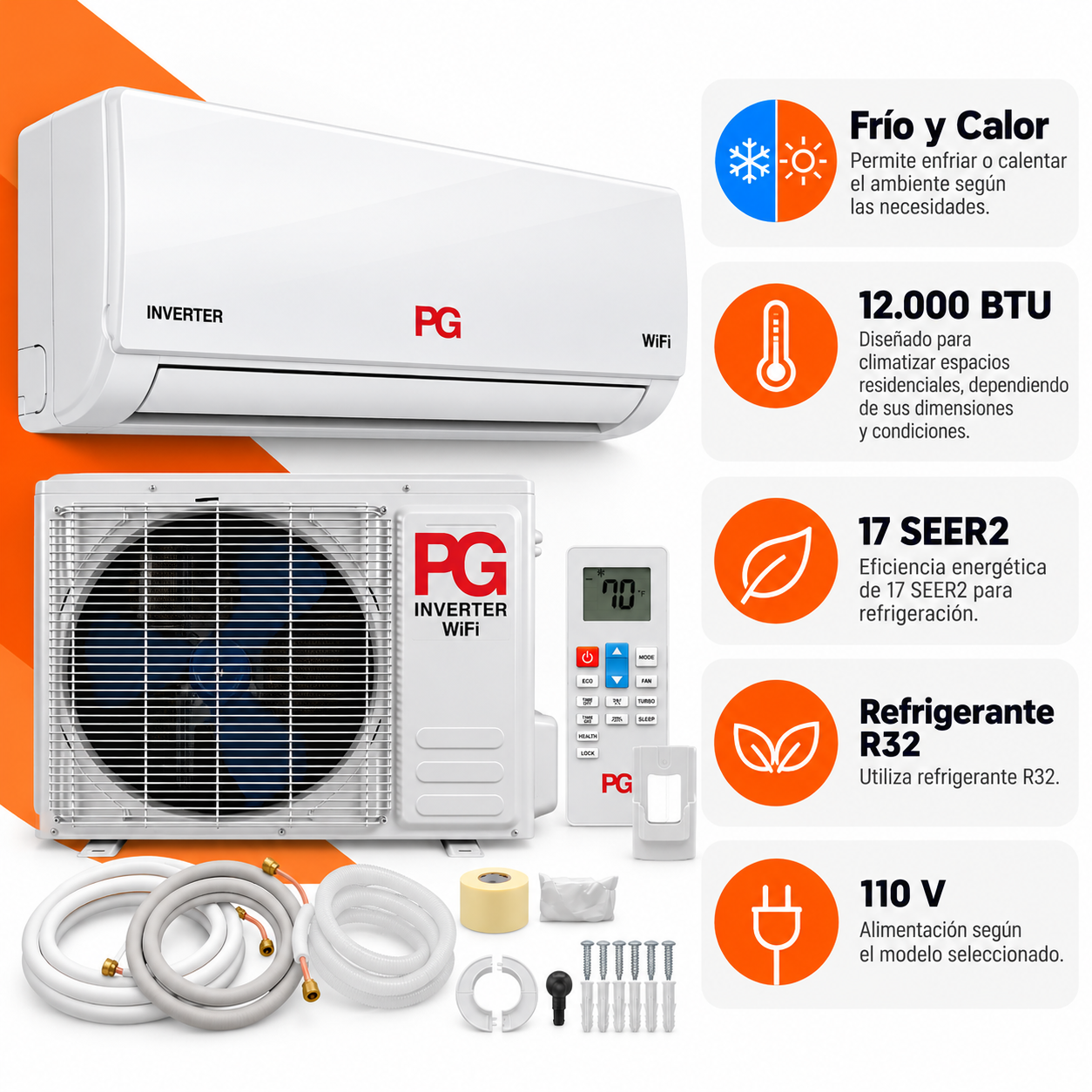 Mini Split PG 12000 BTU frío y calor con unidad interior, exterior y características de eficiencia 17 SEER2