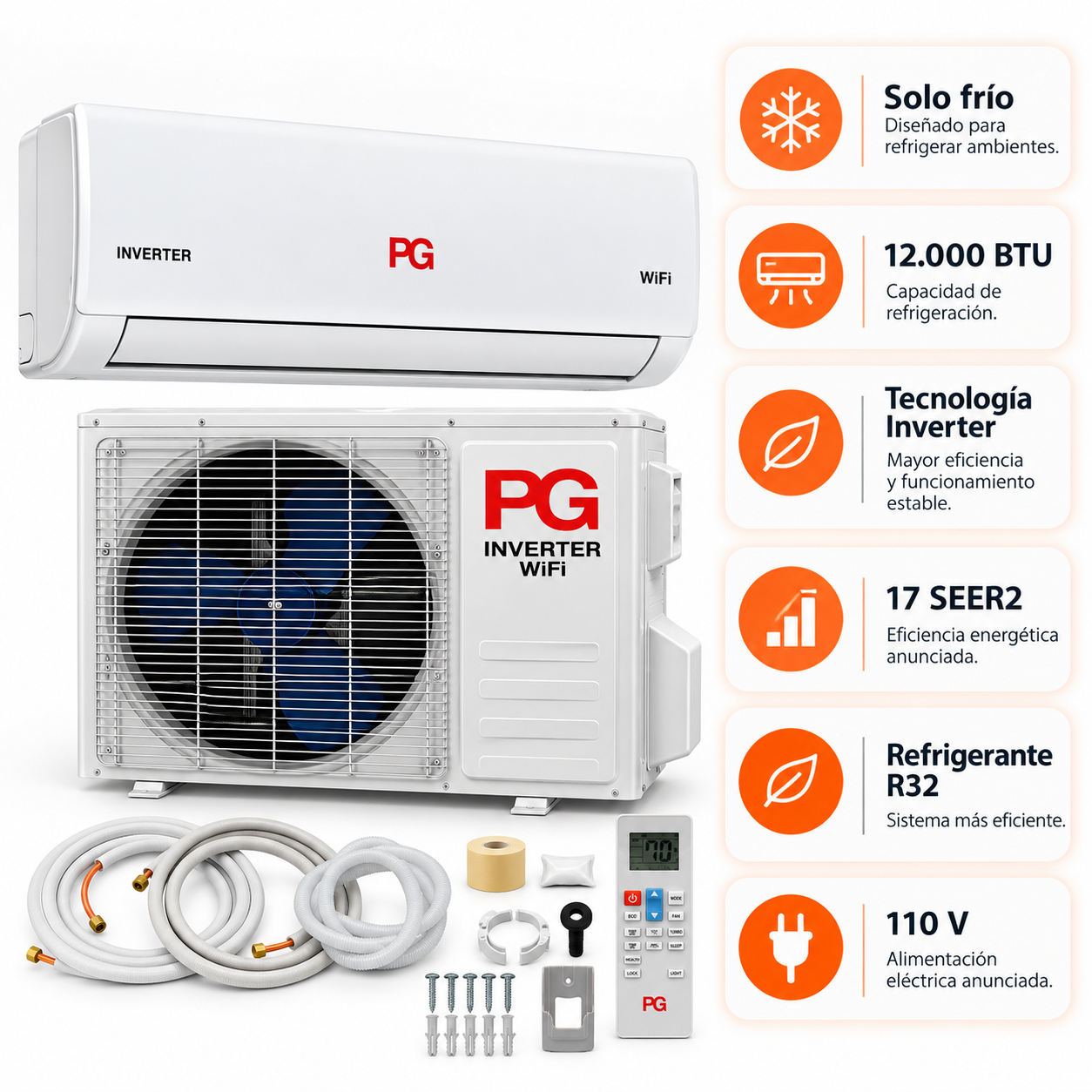 PG Mini Split Inverter 12000 BTU solo frío con eficiencia 17 SEER2 refrigerante R32 y alimentación 110 V