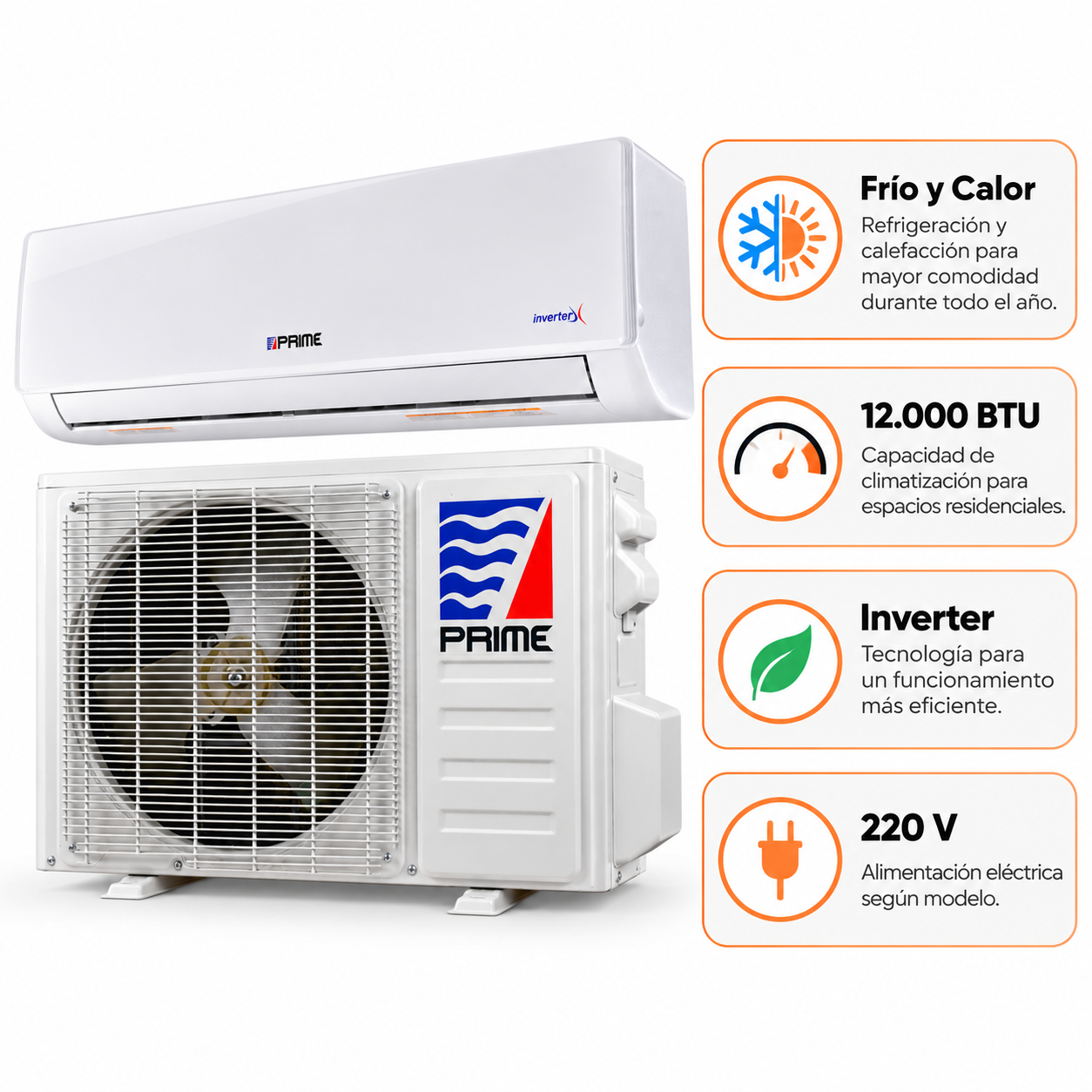 Infografía del aire acondicionado PRIME Mini Split Inverter 12.000 BTU con funciones de frío y calor, tecnología Inverter y alimentación de 220 V.