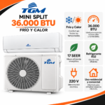 Infografía del aire acondicionado TGM Mini Split 36.000 BTU Frío y Calor, con unidades interior y exterior blancas. Destaca eficiencia de 17 SEER, refrigerante R32 y alimentación de 220 V.