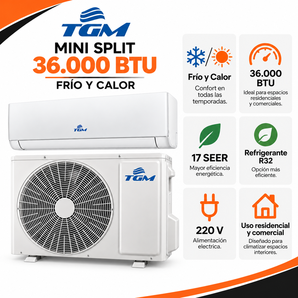 Infografía del aire acondicionado TGM Mini Split 36.000 BTU Frío y Calor, con unidades interior y exterior blancas. Destaca eficiencia de 17 SEER, refrigerante R32 y alimentación de 220 V.