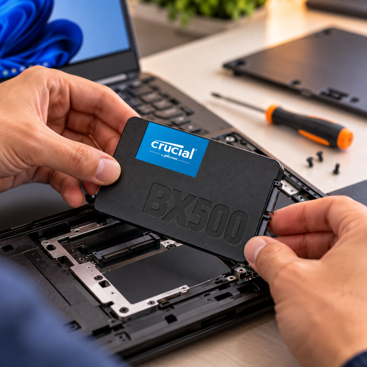 Técnico instalando una unidad SSD Crucial BX500 de 1 TB en una laptop abierta, con herramientas de reparación sobre un escritorio de trabajo.