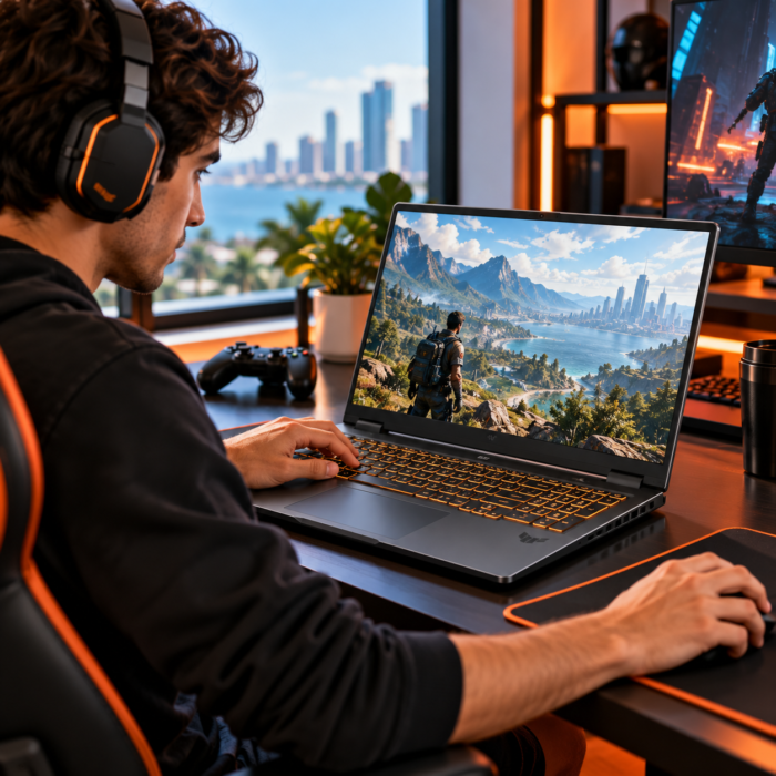 Jugador utilizando una laptop ASUS TUF Gaming F16 en un escritorio gaming moderno, con iluminación naranja, teclado retroiluminado y videojuego en pantalla.
