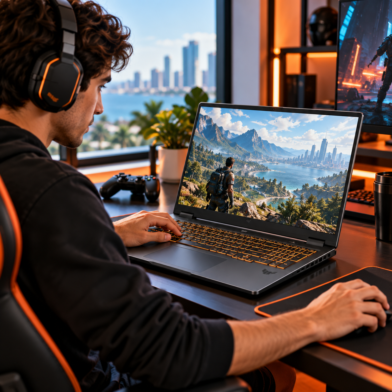 Jugador utilizando una laptop ASUS TUF Gaming F16 en un escritorio gaming moderno, con iluminación naranja, teclado retroiluminado y videojuego en pantalla.