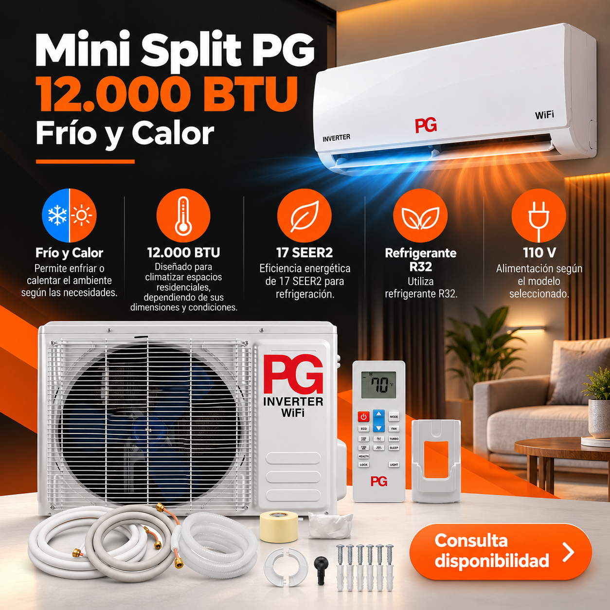 Mini Split PG 12000 BTU frío y calor con eficiencia energética 17 SEER2 y refrigerante R32