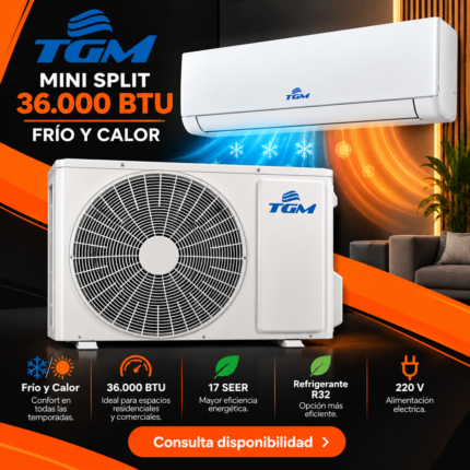 Imagen promocional del aire acondicionado TGM Mini Split 36.000 BTU Frío y Calor 220 V, con unidad interior y condensadora blancas sobre fondo negro y naranja. Destaca 17 SEER, refrigerante R32 y consulta de disponibilidad.