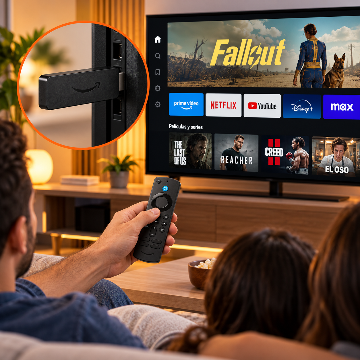 Familia disfrutando de una televisión con aplicaciones de streaming mientras una persona utiliza el control remoto del Amazon Fire TV Stick HD en una sala moderna.