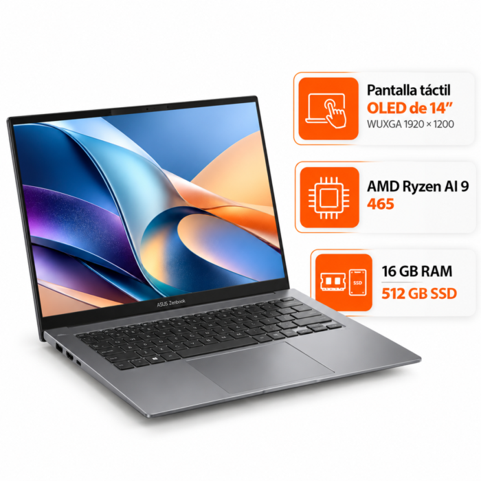 ASUS Zenbook 14 OLED con pantalla táctil de 14 pulgadas, procesador AMD Ryzen AI 9 465, memoria RAM de 16 GB y almacenamiento SSD de 512 GB.