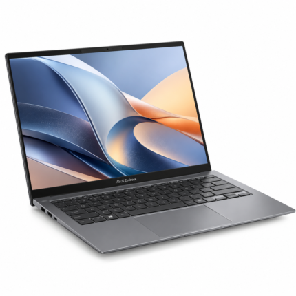 Laptop ASUS Zenbook 14 OLED táctil de 14 pulgadas en color Gris Jasper, con procesador AMD Ryzen AI 9, 16 GB RAM y SSD de 512 GB.