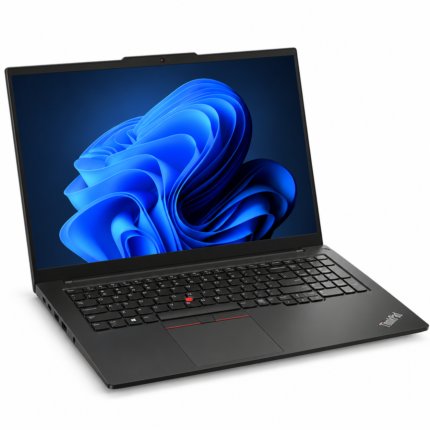 Laptop Lenovo ThinkPad E16 Gen 3 negra con pantalla de 16 pulgadas WUXGA, teclado ThinkPad y diseño empresarial, vista en perspectiva sobre fondo blanco.