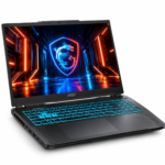 Laptop gaming MSI Cyborg A15 AI con procesador AMD Ryzen 7 260 y tarjeta gráfica NVIDIA GeForce RTX 5050, vista en perspectiva sobre fondo blanco.