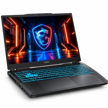 Laptop gaming MSI Cyborg A15 AI con procesador AMD Ryzen 7 260 y tarjeta gráfica NVIDIA GeForce RTX 5050, vista en perspectiva sobre fondo blanco.