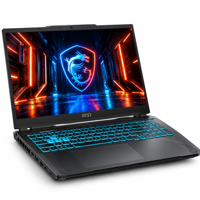 Laptop gaming MSI Cyborg A15 AI con procesador AMD Ryzen 7 260 y tarjeta gráfica NVIDIA GeForce RTX 5050, vista en perspectiva sobre fondo blanco.