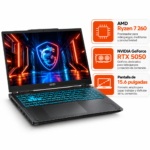 Imagen de características de la MSI Cyborg A15 AI con procesador AMD Ryzen 7 260, gráficos NVIDIA GeForce RTX 5050 y diseño de laptop gaming.
