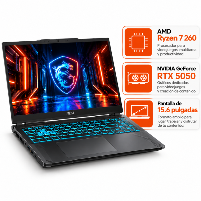 Imagen de características de la MSI Cyborg A15 AI con procesador AMD Ryzen 7 260, gráficos NVIDIA GeForce RTX 5050 y diseño de laptop gaming.
