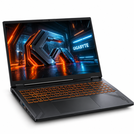 Laptop GIGABYTE Gaming A16 con procesador Intel Core i7-13620H y gráficos NVIDIA GeForce RTX 5060, vista en perspectiva sobre fondo blanco.