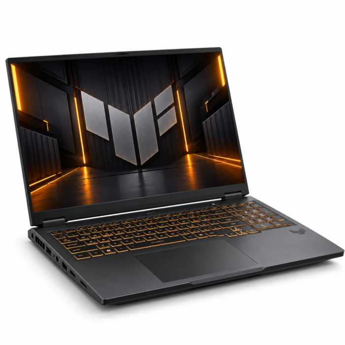 ASUS TUF Gaming F16 – Intel Core i7-14650HX, NVIDIA RTX 5060 Laptop ASUS TUF Gaming F16 con procesador Intel Core i7-14650HX y gráficos NVIDIA GeForce RTX 5060, vista frontal en perspectiva sobre fondo blanco.