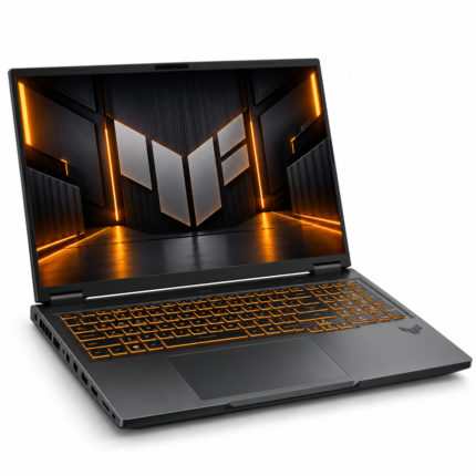 Laptop ASUS TUF Gaming A16 con procesador AMD Ryzen 7 260 y gráficos NVIDIA GeForce RTX 5050, vista en perspectiva sobre fondo blanco.