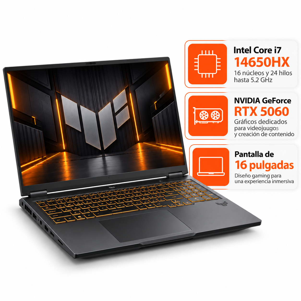 Imagen de características de la ASUS TUF Gaming F16 con procesador Intel Core i7-14650HX de 16 núcleos, tarjeta gráfica NVIDIA GeForce RTX 5060 y pantalla de 16 pulgadas.