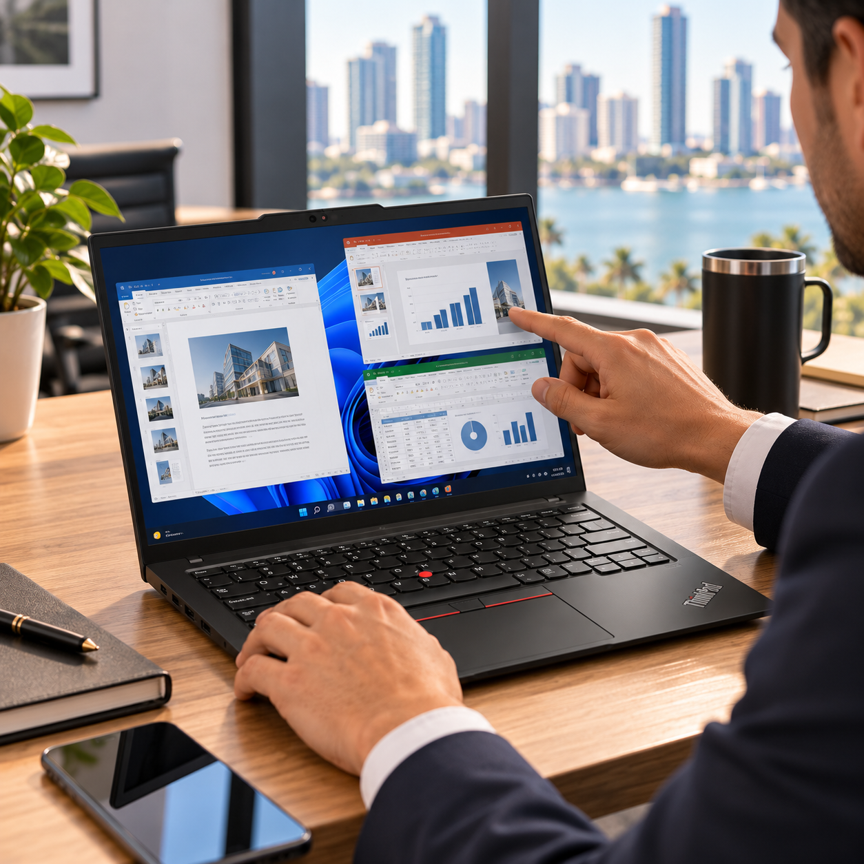 Profesional utilizando una laptop Lenovo ThinkPad T14s Gen 6 negra en una oficina moderna con vista a Miami, trabajando con documentos, gráficos y hojas de cálculo.