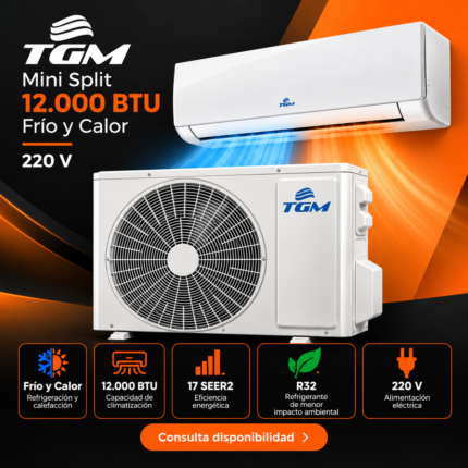 Mini Split TGM 12.000 BTU frío y calor 220 V, imagen promocional de MK Trading Express con características técnicas y consulta de disponibilidad.