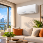 Aire acondicionado Mini Split TGM blanco instalado en la pared de una sala moderna con sofá beige, plantas y grandes ventanales.