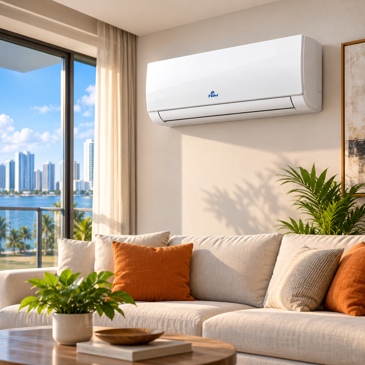 Aire acondicionado Mini Split TGM blanco instalado en la pared de una sala moderna con sofá beige, plantas y grandes ventanales.